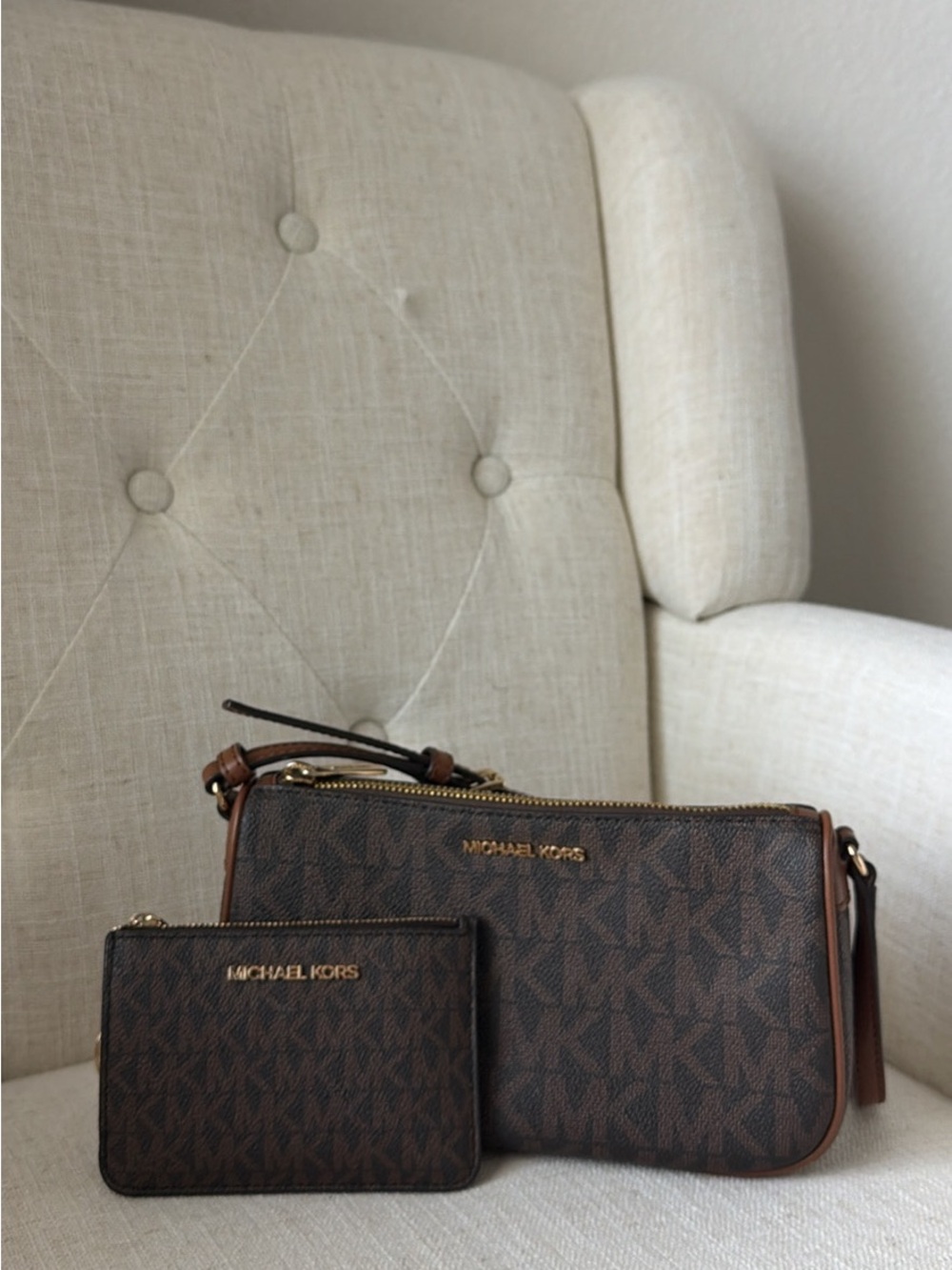 Michael Kors Brown Monogram Double Pouch Crossbody Set
